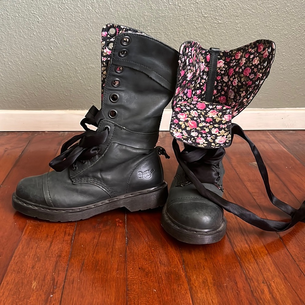 Doc Martens Triumph high-calf boot with floral lining.